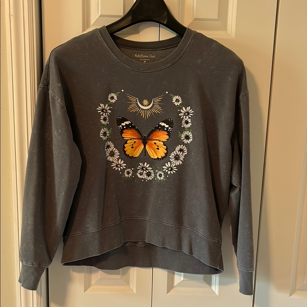 Rebellious One Gray and Orange Crew Neck Sweater